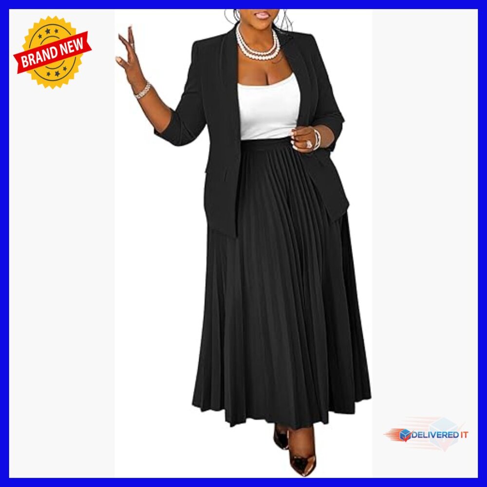 Plus Size 2-Piece Blazer Skirt Suit Set, Long Sleeve Open Front, Pleated Maxi